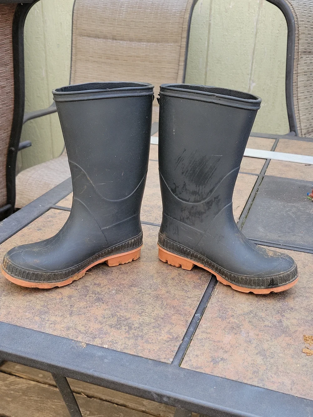 Black Rubber Rain Boots with Brown Soles